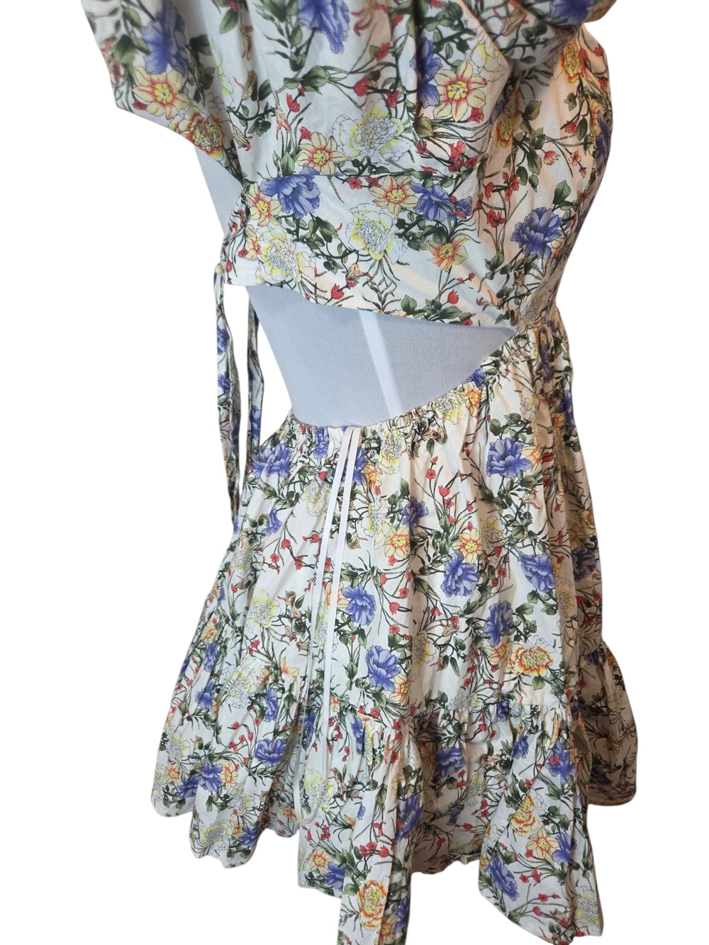 Harp & Finn Mable Floral Open Back Mini Dress W/Puff Sleeves & Ruffle Women's M - Picture 12 of 16